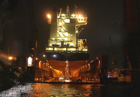 REFLEKTION.INFO - Bild des Tages:  Containerfrachter ARNARFELL im Dock der NORDERWERFT